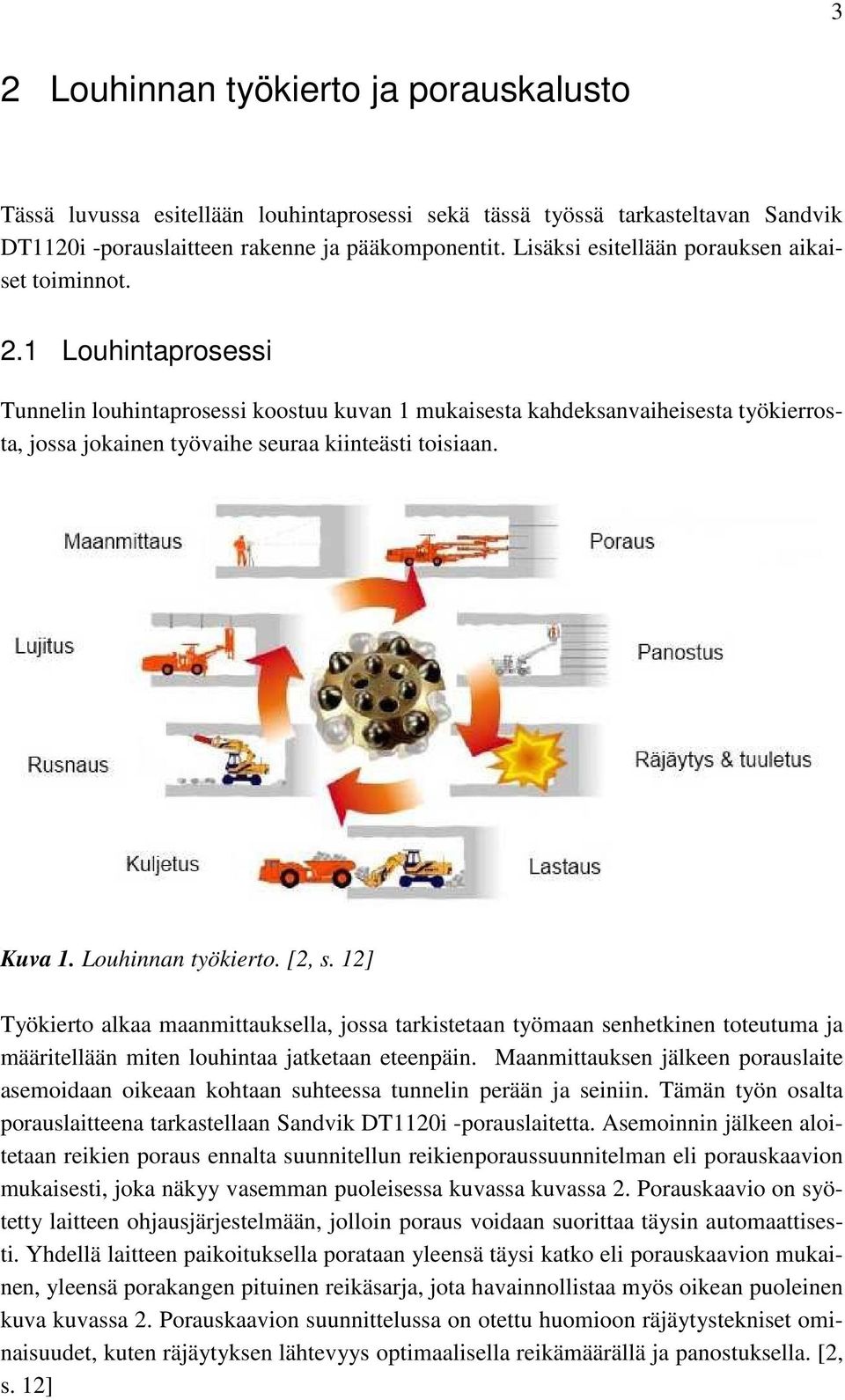 1 Louhintaprosessi Tunnelin louhintaprosessi koostuu kuvan 1 mukaisesta kahdeksanvaiheisesta työkierrosta, jossa jokainen työvaihe seuraa kiinteästi toisiaan. Kuva 1. Louhinnan työkierto. [2, s.