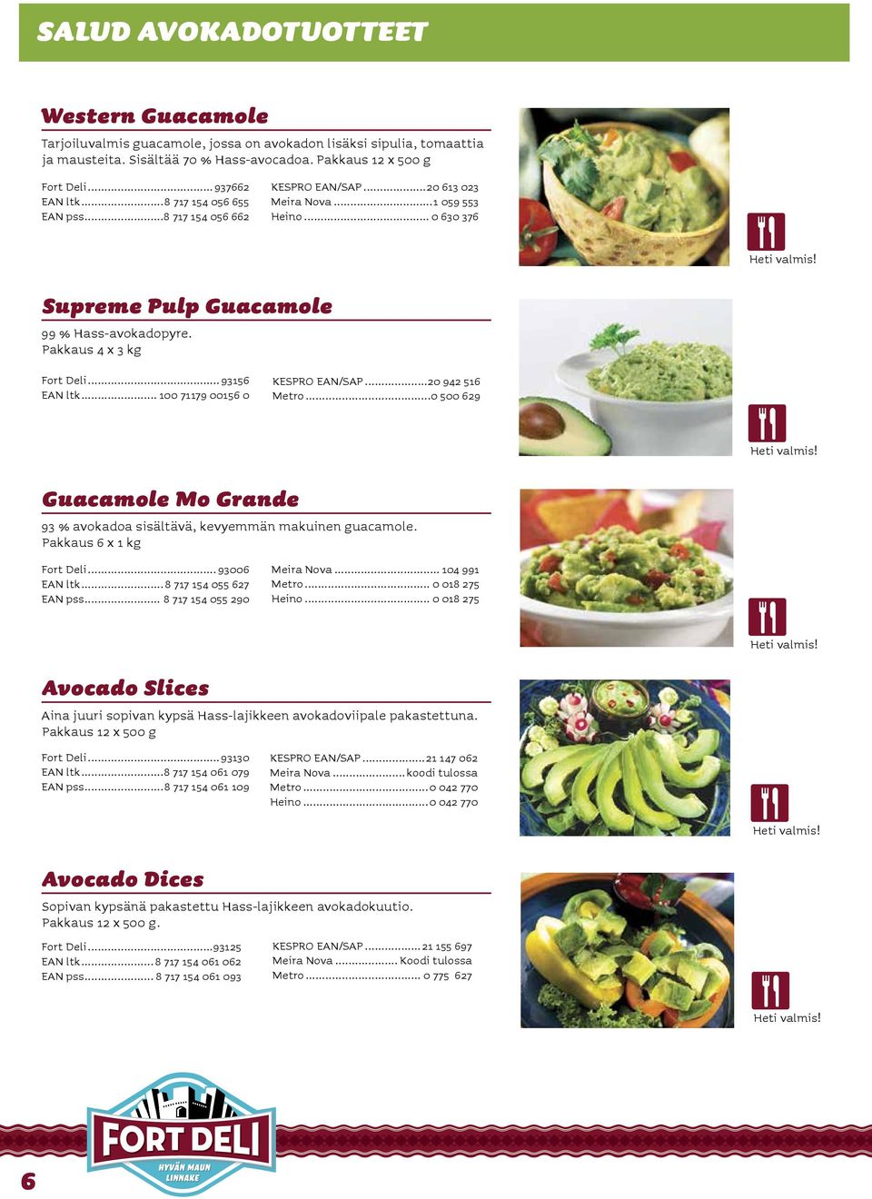 .. 93156 EAN ltk... 100 71179 00156 0 KESPRO EAN/SAP...20 942 516 Metro...0 500 629 Guacamole Mo Grande 93 % avokadoa sisältävä, kevyemmän makuinen guacamole. Pakkaus 6 x 1 kg Fort Deli.
