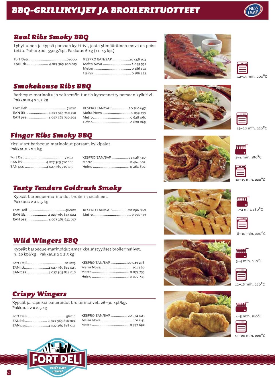 .. 0 186 122 Smokehouse Ribs BBQ Barbeque-marinoitu ja seitsemän tuntia kypsennetty porsaan kylkirivi. Pakkaus 4 x 1,2 kg Fort Deli... 71020 EAN ltk...4 027 365 710 210 EAN pss.
