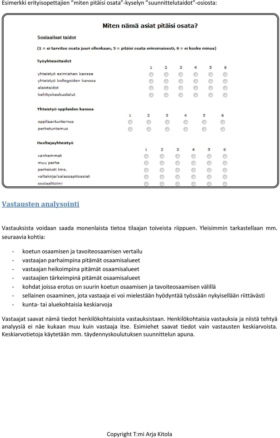 seuraavia kohtia: - koetun osaamisen ja tavoiteosaamisen vertailu - vastaajan parhaimpina pitämät osaamisalueet - vastaajan heikoimpina pitämät osaamisalueet - vastaajien tärkeimpinä pitämät