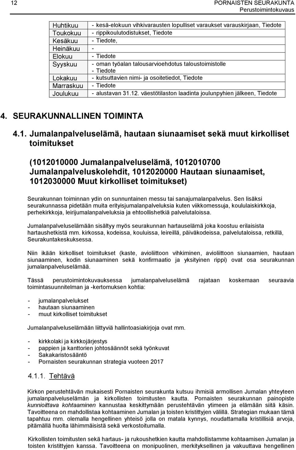 väestötilaston laadinta joulunpyhien jälkeen, Tiedote 4. SEURAKUNNALLINEN TOIMINTA 4.1.