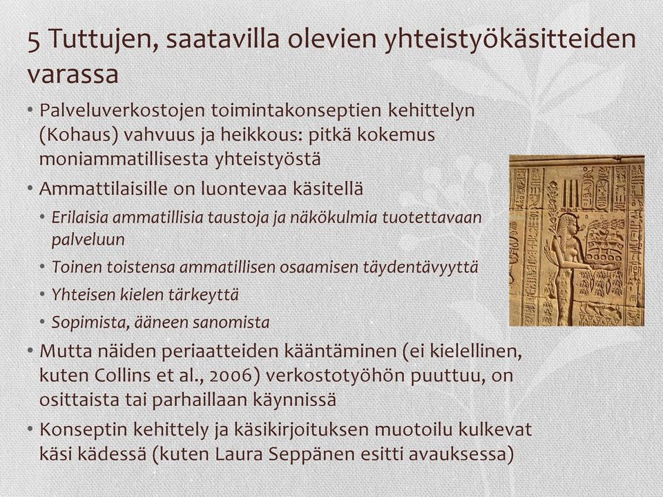 ammatillisen osaamisen täydentävyyttä Yhteisen kielen tärkeyttä Sopimista, ääneen sanomista Mutta näiden periaatteiden kääntäminen (ei kielellinen, kuten Collins et