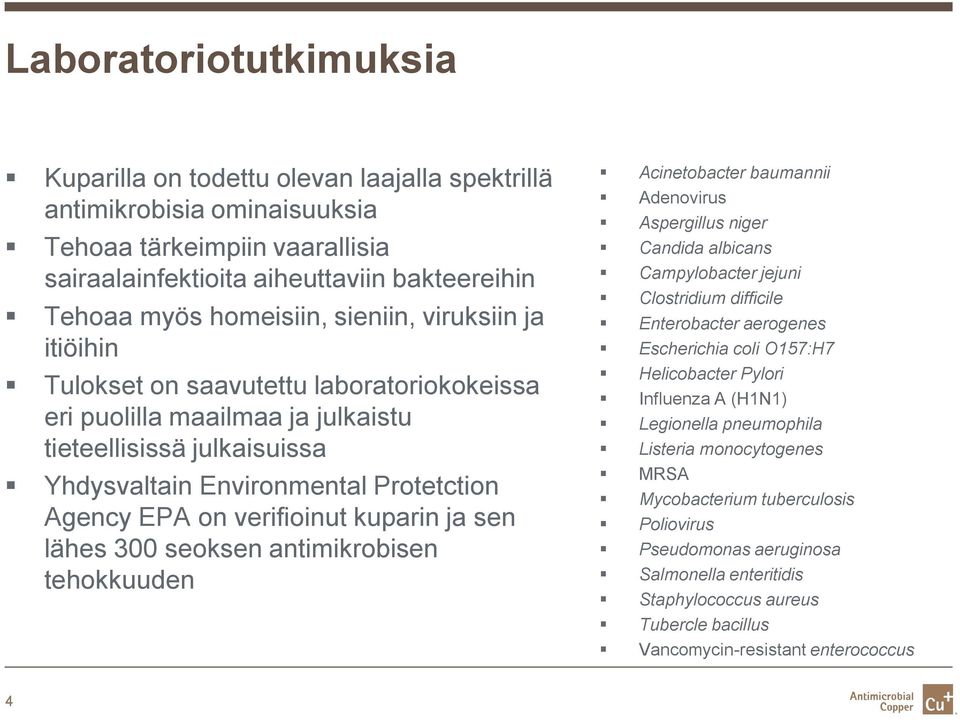 verifioinut kuparin ja sen lähes 300 seoksen antimikrobisen tehokkuuden Acinetobacter baumannii Adenovirus Aspergillus niger Candida albicans Campylobacter jejuni Clostridium difficile Enterobacter