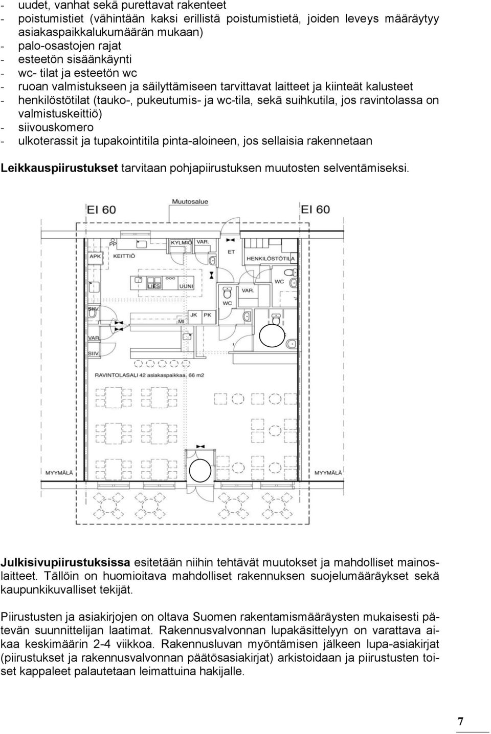 ravintolassa on valmistuskeittiö) - siivouskomero - ulkoterassit ja tupakointitila pinta-aloineen, jos sellaisia rakennetaan Leikkauspiirustukset tarvitaan pohjapiirustuksen muutosten selventämiseksi.