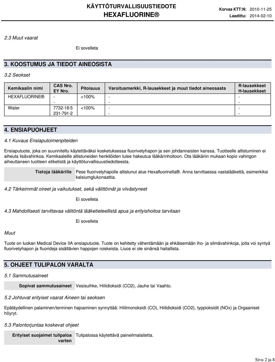 1 Kuvaus Ensiaputoimenpiteiden Ensiaputuote, joka on suunniteltu käytettäväksi kosketuksessa fluorivetyhapon ja sen johdannaisten kanssa. Tuotteelle altistuminen ei aiheuta lisävahinkoa.