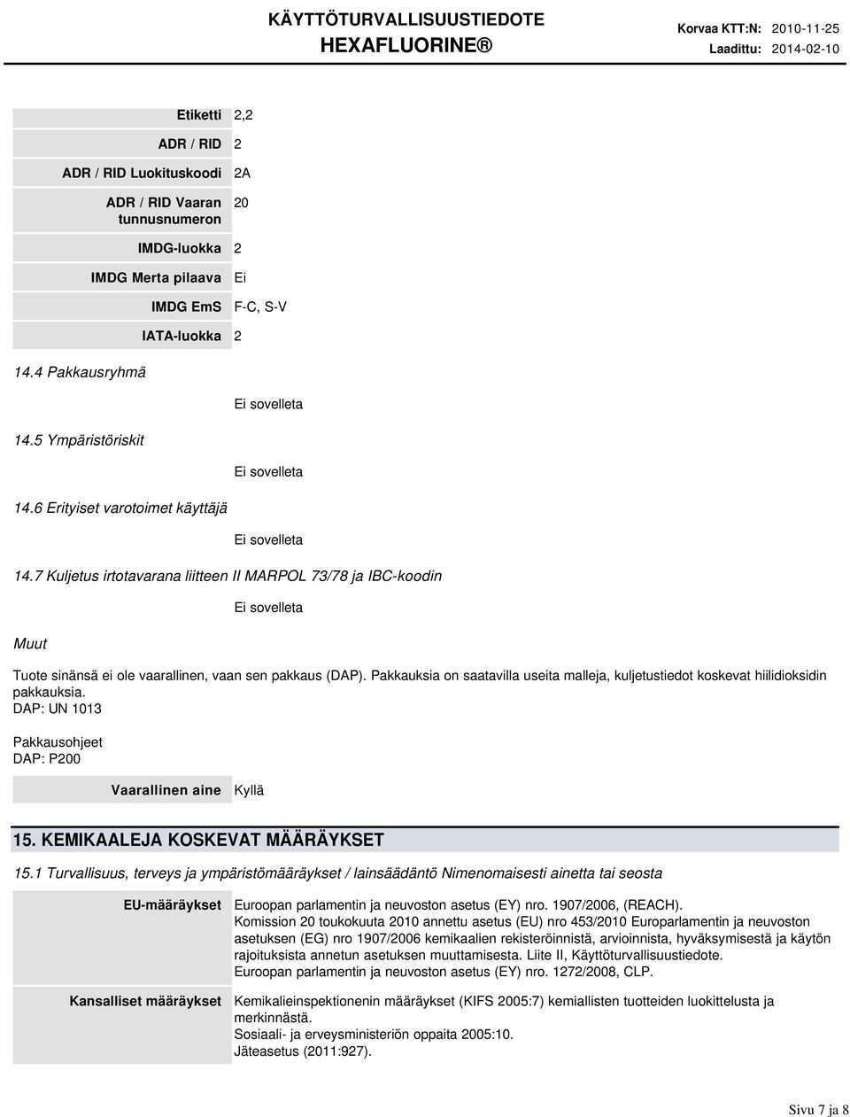 Pakkauksia on saatavilla useita malleja, kuljetustiedot koskevat hiilidioksidin pakkauksia. DAP: UN 1013 Pakkausohjeet DAP: P200 Vaarallinen aine Kyllä 15. KEMIKAALEJA KOSKEVAT MÄÄRÄYKSET 15.