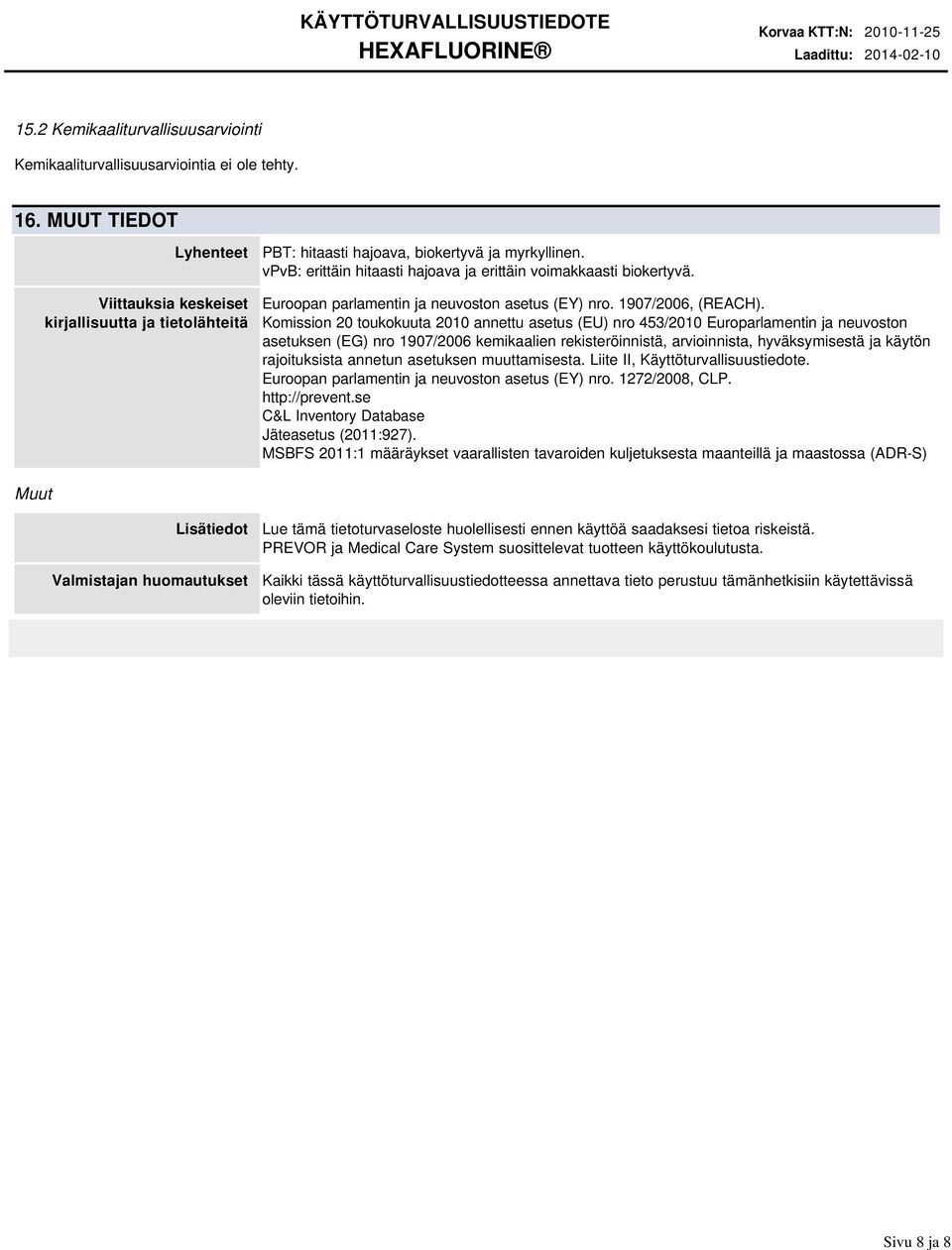 Euroopan parlamentin ja neuvoston asetus (EY) nro. 1907/2006, (REACH).