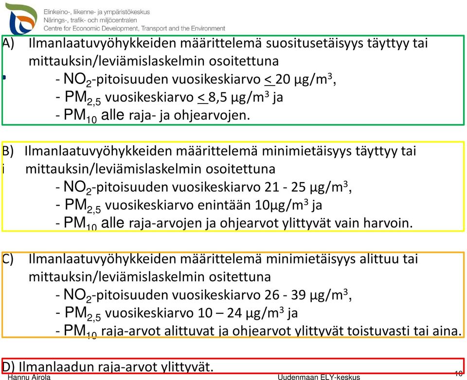 B) Ilmanlaatuvyöhykkeiden määrittelemä minimietäisyys täyttyy tai i mittauksin/leviämislaskelmin osoitettuna - NO 2 -pitoisuuden vuosikeskiarvo 21-25 µg/m 3, - PM 2,5 vuosikeskiarvo enintään 10µg/m 3