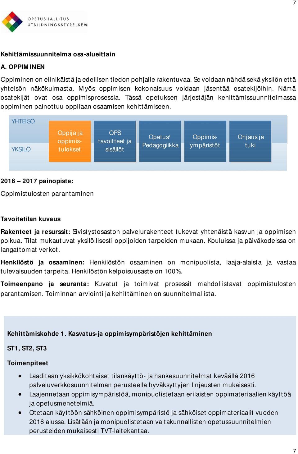 Tässä opetuksen järjestäjän kehittämissuunnitelmassa oppiminen painottuu oppilaan osaamisen kehittämiseen.