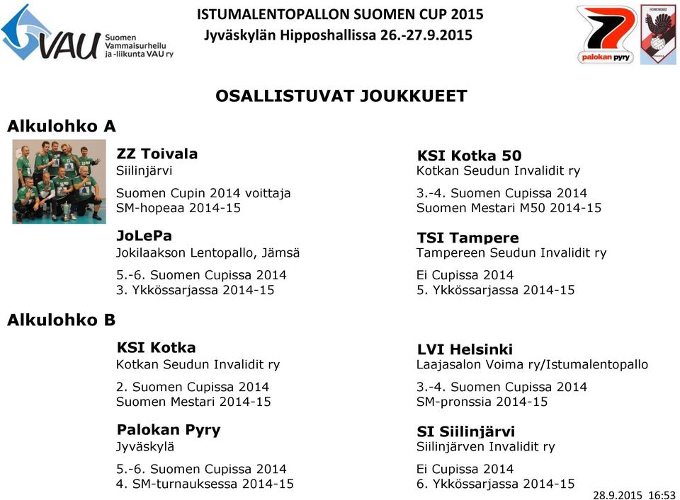 Suomen Cupissa 2014 Ei Cupissa 2014 3. Ykkössarjassa 2014-15 5. Ykkössarjassa 2014-15 KSI Kotka Kotkan Seudun Invalidit ry LVI Helsinki Laajasalon Voima ry/istumalentopallo 2.