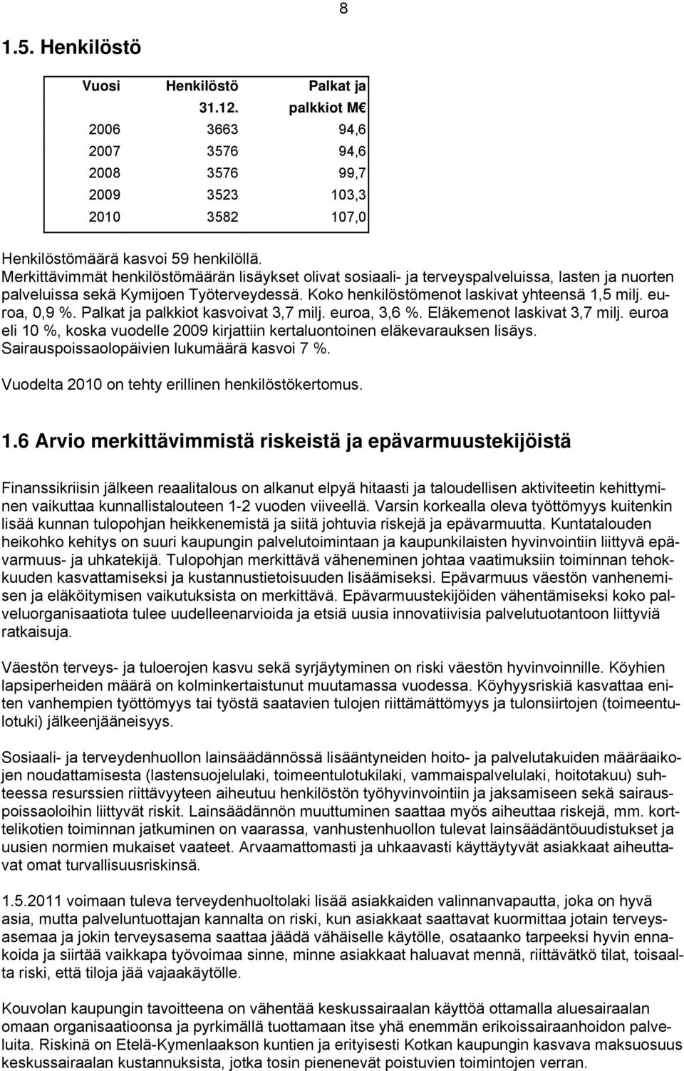 euroa, 0,9 %. Palkat ja palkkiot kasvoivat 3,7 milj. euroa, 3,6 %. Eläkemenot laskivat 3,7 milj. euroa eli 10 %, koska vuodelle 2009 kirjattiin kertaluontoinen eläkevarauksen lisäys.