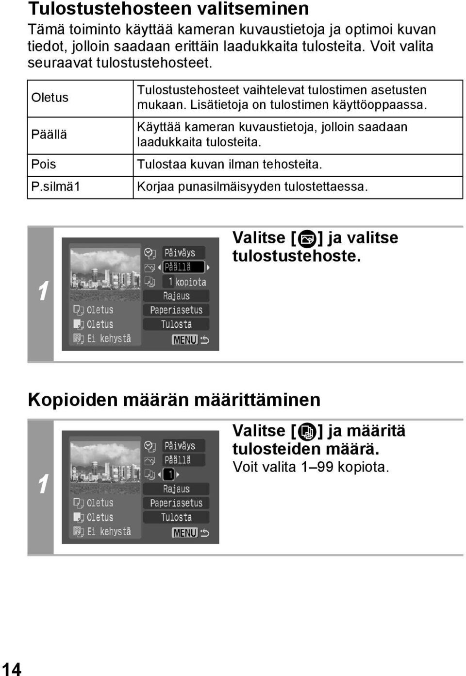 Lisätietoja on tulostimen käyttöoppaassa. Käyttää kameran kuvaustietoja, jolloin saadaan laadukkaita tulosteita. Tulostaa kuvan ilman tehosteita.