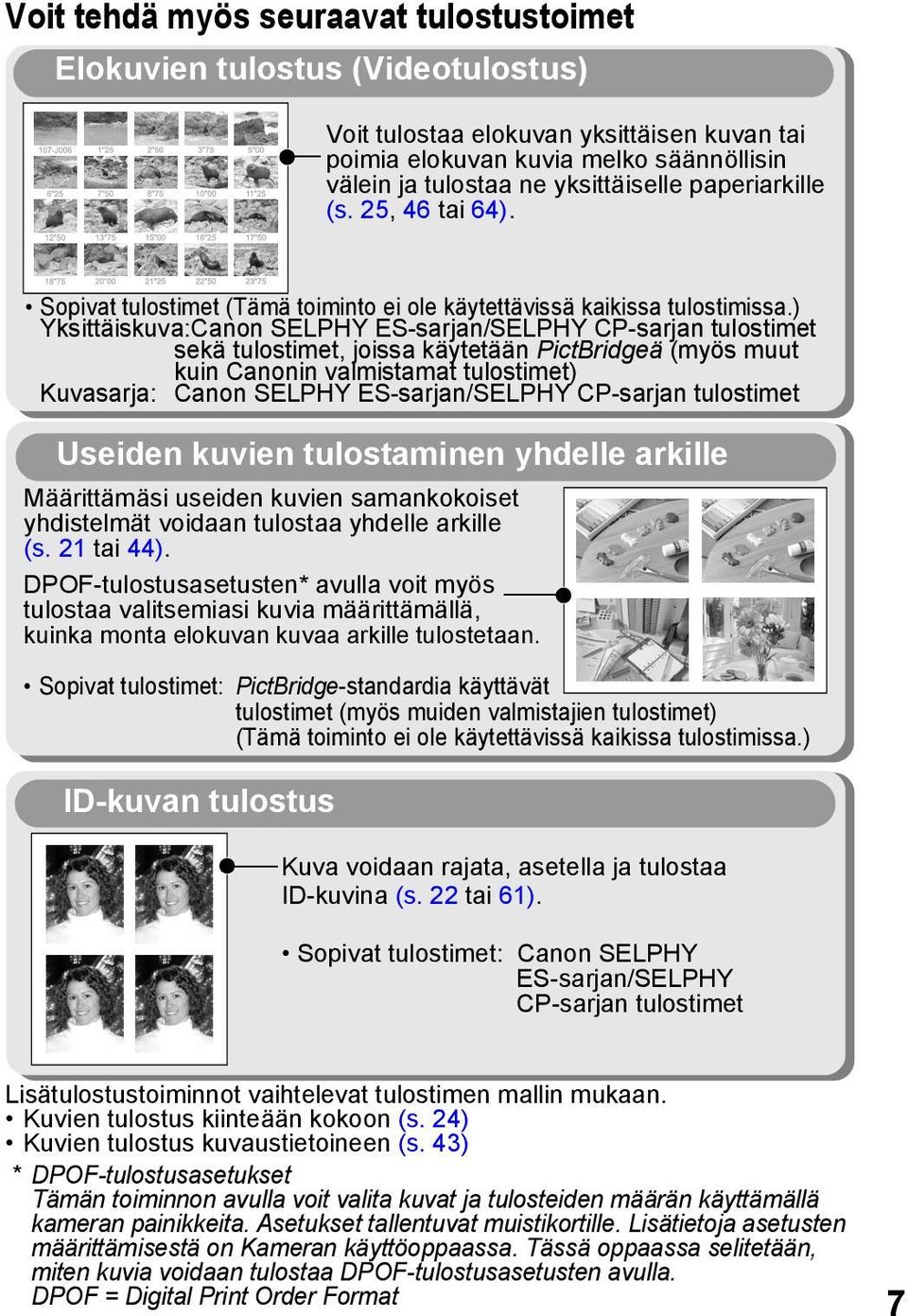 ) Yksittäiskuva:Canon SELPHY ES-sarjan/SELPHY CP-sarjan tulostimet sekä tulostimet, joissa käytetään PictBridgeä (myös muut kuin Canonin valmistamat tulostimet) Kuvasarja: Canon SELPHY