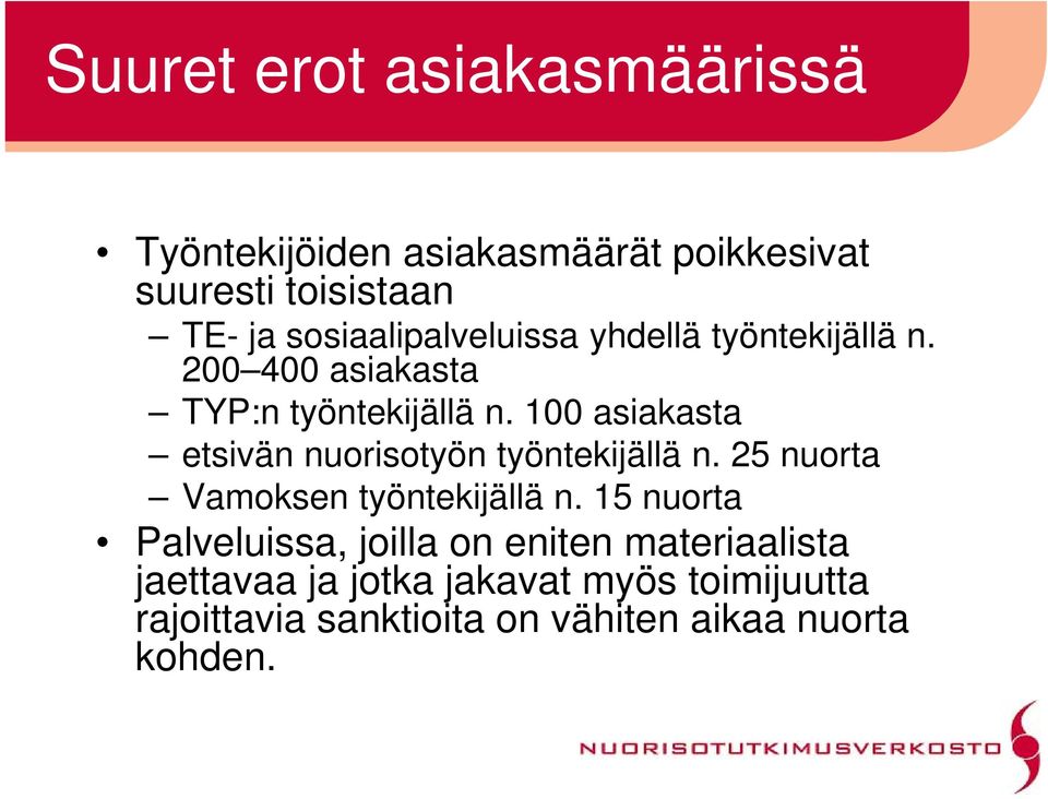 100 asiakasta etsivän nuorisotyön työntekijällä n. 25 nuorta Vamoksen työntekijällä n.