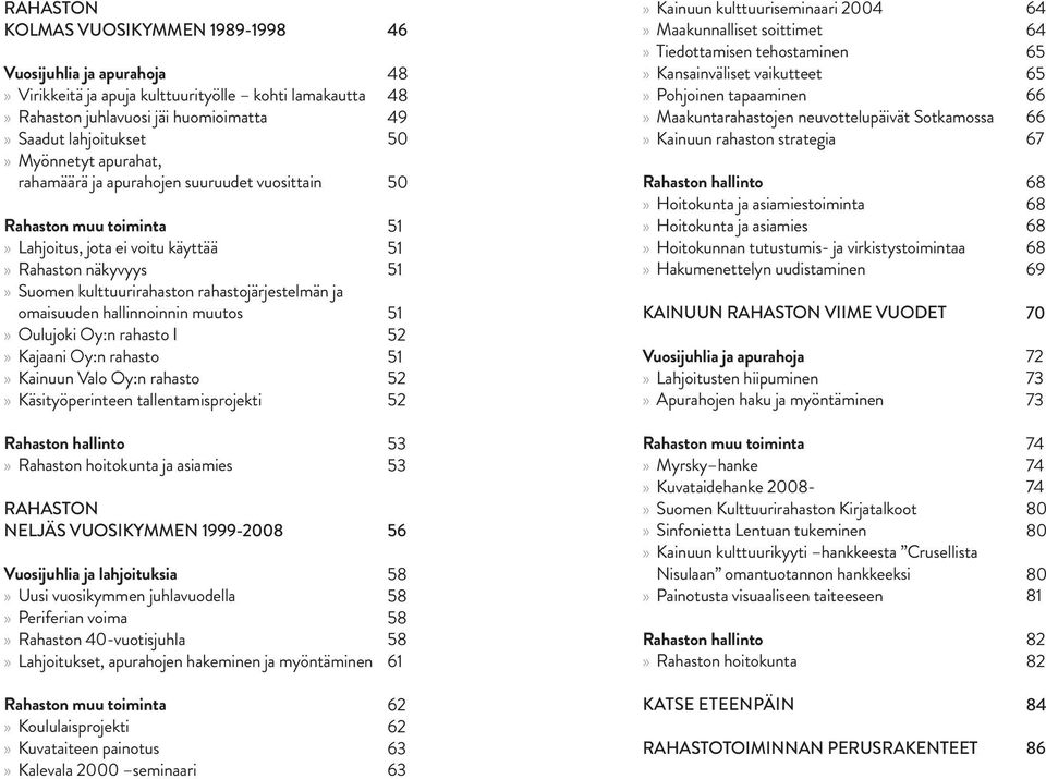 muutos» Oulujoki Oy:n rahasto I» Kajaani Oy:n rahasto» Kainuun Valo Oy:n rahasto» Käsityöperinteen tallentamisprojekti 46 48 48 49 50 50 51 51 51 51 52 51 52 52» Kainuun kulttuuriseminaari 2004»