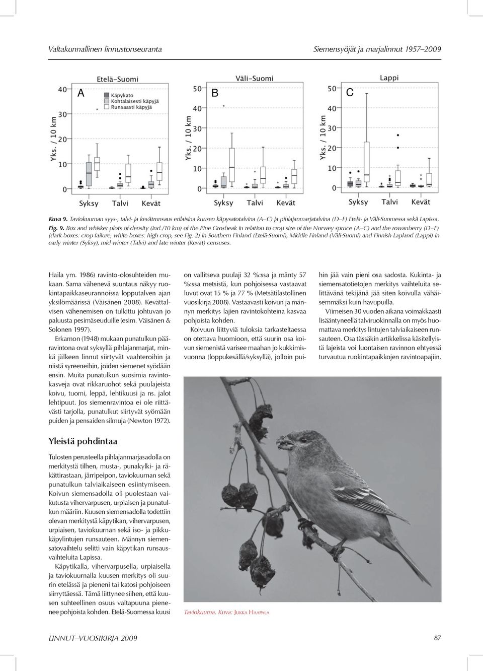 /10 km) of the Pine Grosbeak in relation to crop size of the Norwey spruce (A C) and the rowanberry (D F) (dark boxes: crop failure, white boxes: high crop, see Fig.