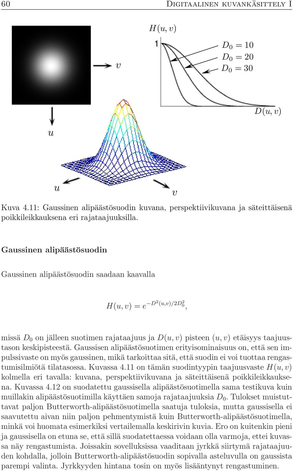 v Gaussinen alipäästösuodin Gaussinen alipäästösuodin saadaan kaavalla H(u, v) =e D2 (u,v)/2d 2 0, missä D 0 on jälleen suotimen rajataajuus ja D(u, v) pisteen (u, v) etäisyys taajuustason