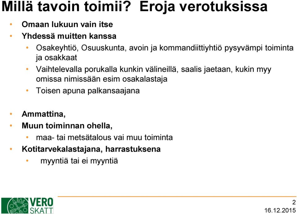 kommandiittiyhtiö pysyvämpi toiminta ja osakkaat Vaihtelevalla porukalla kunkin välineillä, saalis jaetaan,