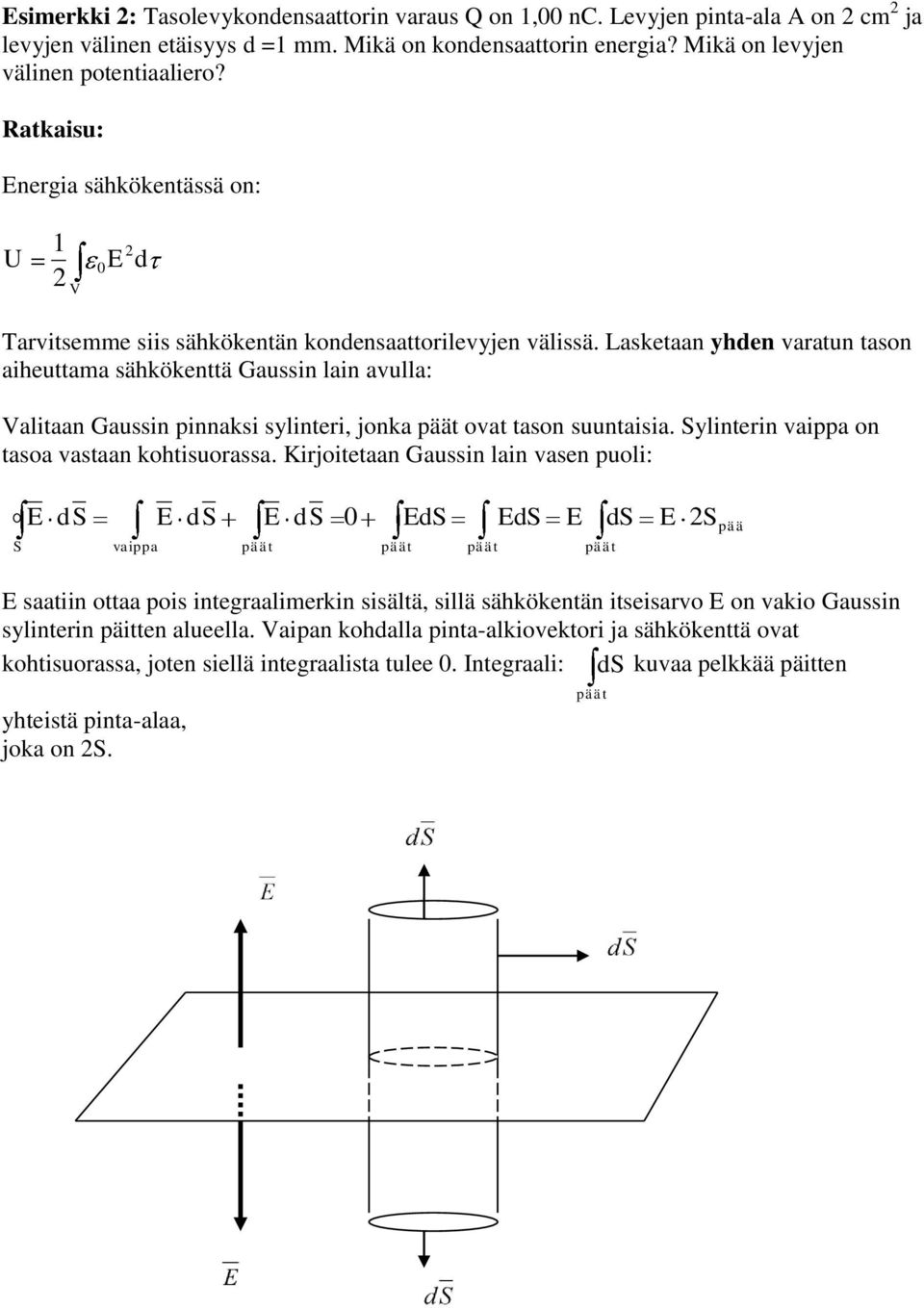 Lasketaan yhen varatun tason aiheuttama sähkökenttä Gaussin lain avulla: alitaan Gaussin pinnaksi sylinteri, jonka päät ovat tason suuntaisia. Sylinterin vaippa on tasoa vastaan kohtisuorassa.