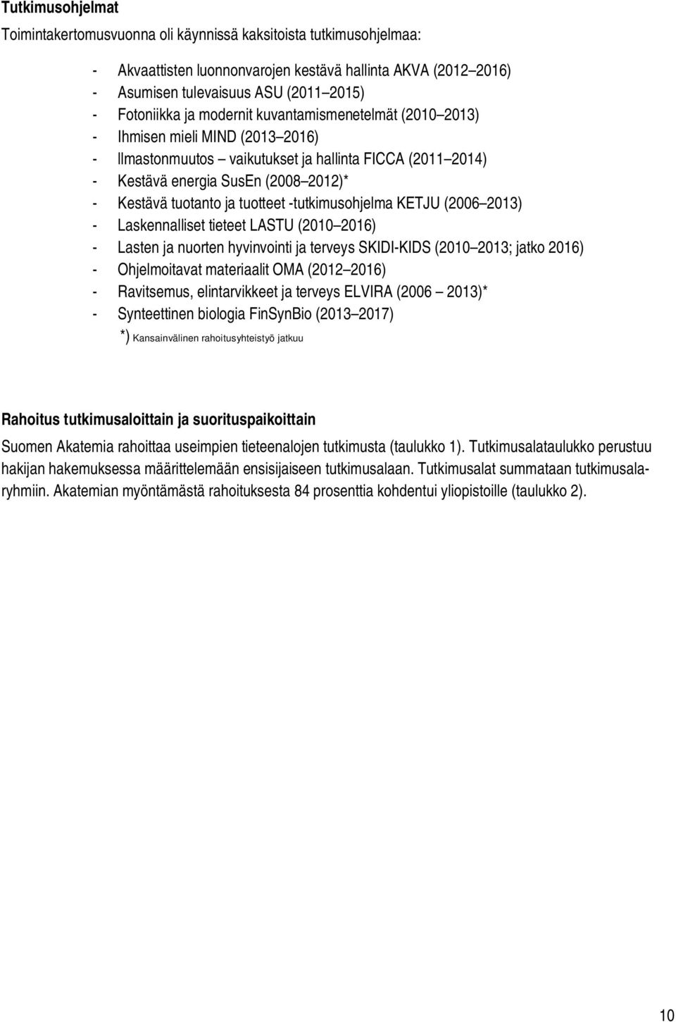 tuotteet -tutkimusohjelma KETJU (2006 2013) - Laskennalliset tieteet LASTU (2010 2016) - Lasten ja nuorten hyvinvointi ja terveys SKIDI-KIDS (2010 2013; jatko 2016) - Ohjelmoitavat materiaalit OMA