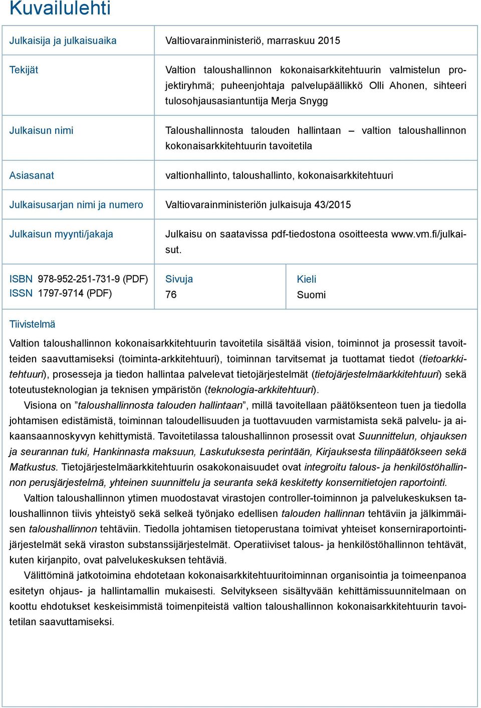 taloushallinto, kokonaisarkkitehtuuri Julkaisusarjan nimi ja numero Valtiovarainministeriön julkaisuja 43/2015 Julkaisun myynti/jakaja Julkaisu on saatavissa pdf-tiedostona osoitteesta www.vm.