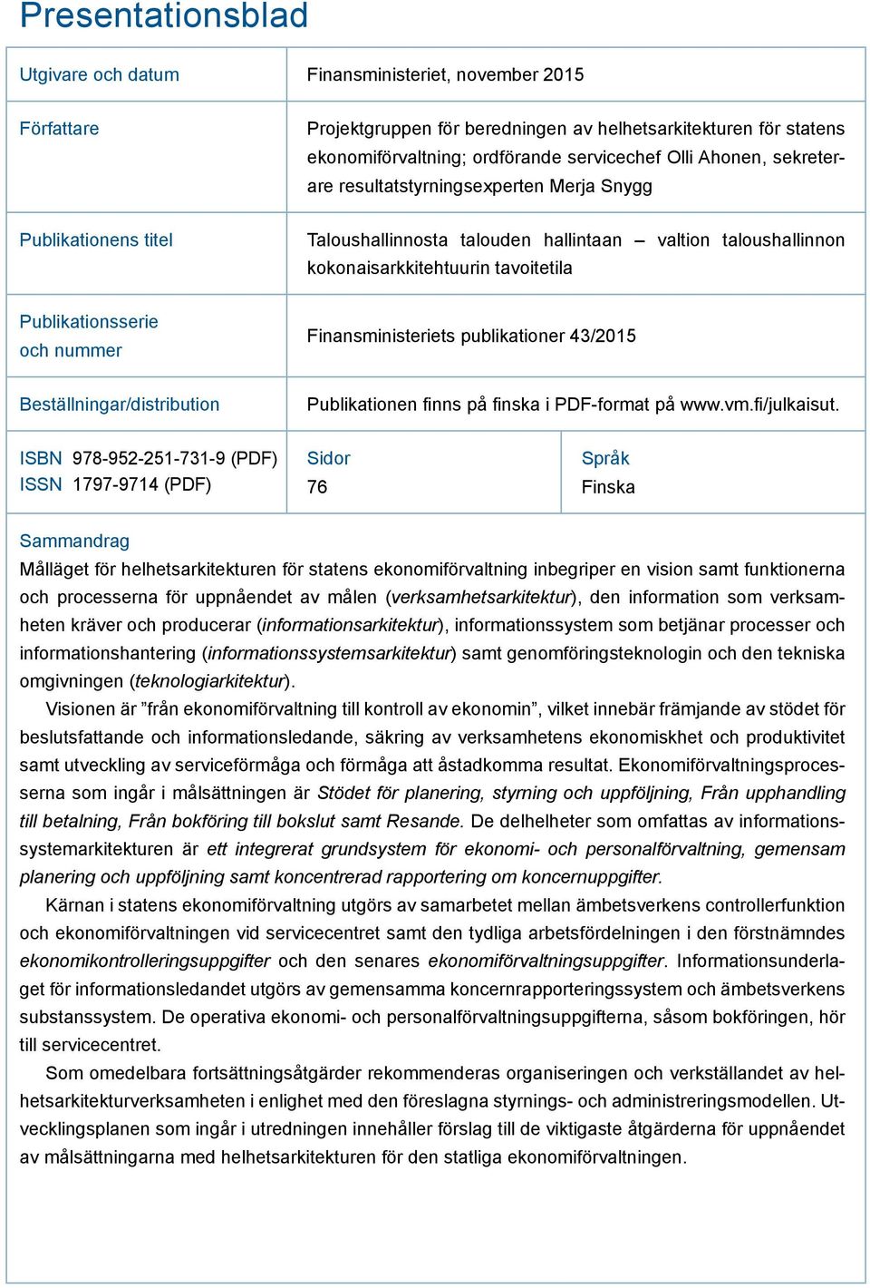 nummer Finansministeriets publikationer 43/2015 Beställningar/distribution Publikationen finns på finska i PDF-format på www.vm.fi/julkaisut.