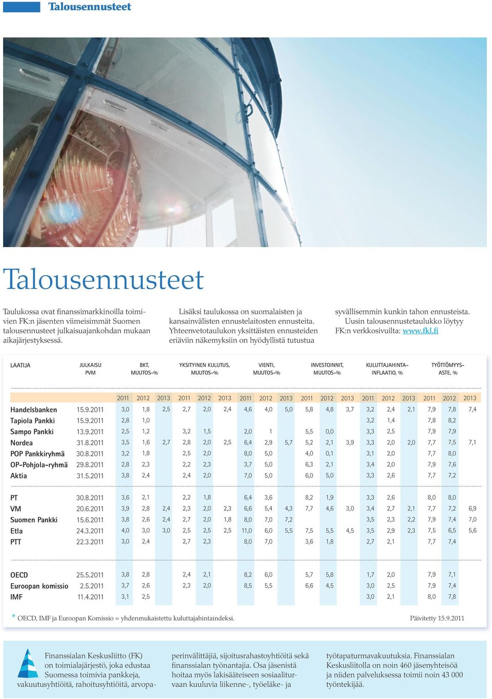 Yhteenvetotaulukon yksittäisten ennusteiden eriäviin näkemyksiin on hyödyllistä tutustua syvällisemmin kunkin tahon ennusteista. Uusin talousennustetaulukko löytyy FK:n verkkosivuilta: www.fkl.