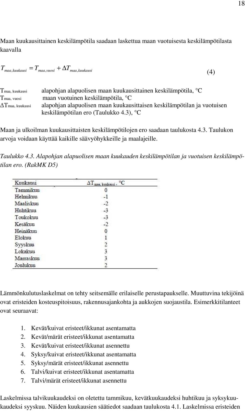 3), C Maan ja ulkoilman kuukausittaisten keskilämpötilojen ero saadaan taulukosta 4.3. Taulukon arvoja voidaan käyttää kaikille säävyöhykkeille ja maalajeille. Taulukko 4.3. Alapohjan alapuolisen maan kuukauden keskilämpötilan ja vuotuisen keskilämpötilan ero.