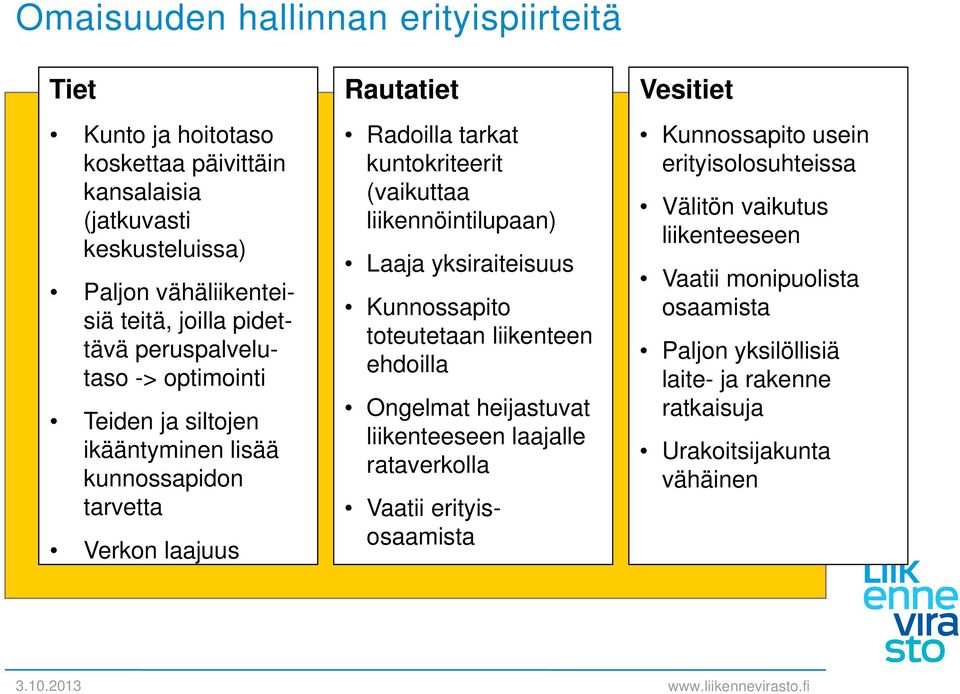 liikennöintilupaan) Laaja yksiraiteisuus Kunnossapito toteutetaan liikenteen ehdoilla Ongelmat heijastuvat liikenteeseen laajalle rataverkolla Vaatii erityisosaamista