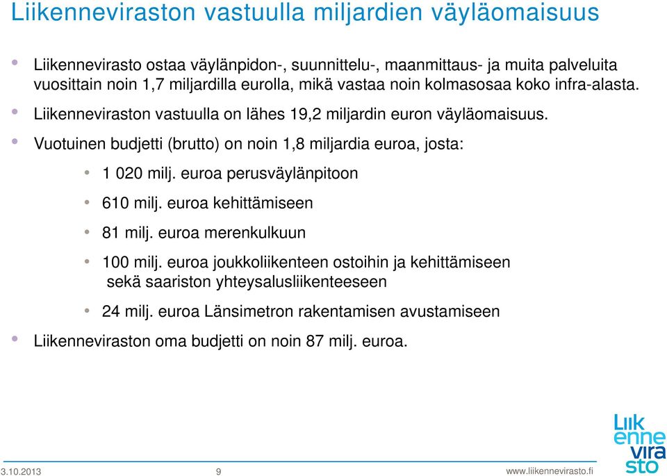 Vuotuinen budjetti (brutto) on noin 1,8 miljardia euroa, josta: 1 020 milj. euroa perusväylänpitoon 610 milj. euroa kehittämiseen 81 milj.