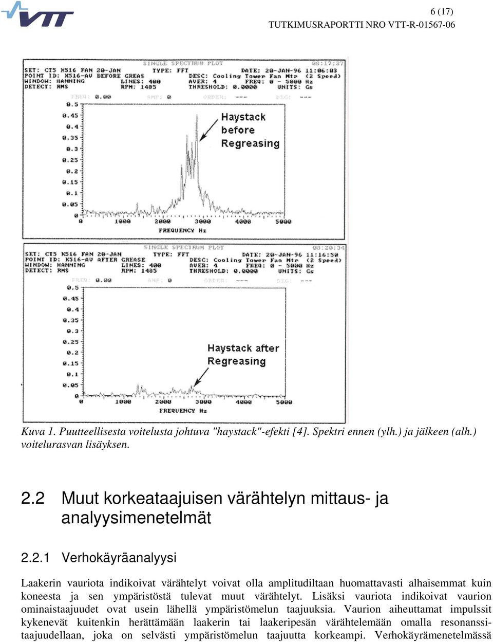 alhaisemmat kuin koneesta ja sen ympäristöstä tulevat muut värähtelyt. Lisäksi vauriota indikoivat vaurion ominaistaajuudet ovat usein lähellä ympäristömelun taajuuksia.