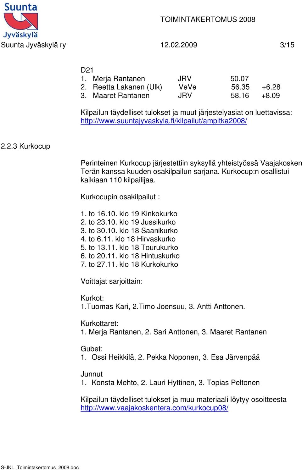 08/ 2.2.3 Kurkocup Perinteinen Kurkocup järjestettiin syksyllä yhteistyössä Vaajakosken Terän kanssa kuuden osakilpailun sarjana. Kurkocup:n osallistui kaikiaan 110 kilpailijaa.