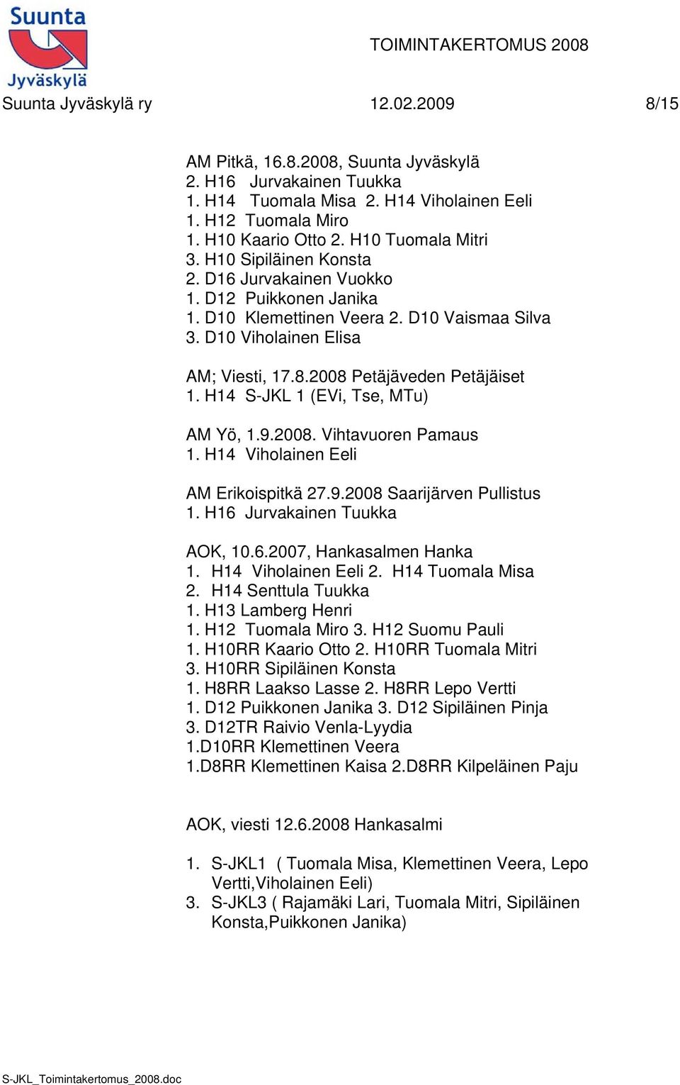 2008 Petäjäveden Petäjäiset 1. H14 S-JKL 1 (EVi, Tse, MTu) AM Yö, 1.9.2008. Vihtavuoren Pamaus 1. H14 Viholainen Eeli AM Erikoispitkä 27.9.2008 Saarijärven Pullistus 1. H16 Jurvakainen Tuukka AOK, 10.