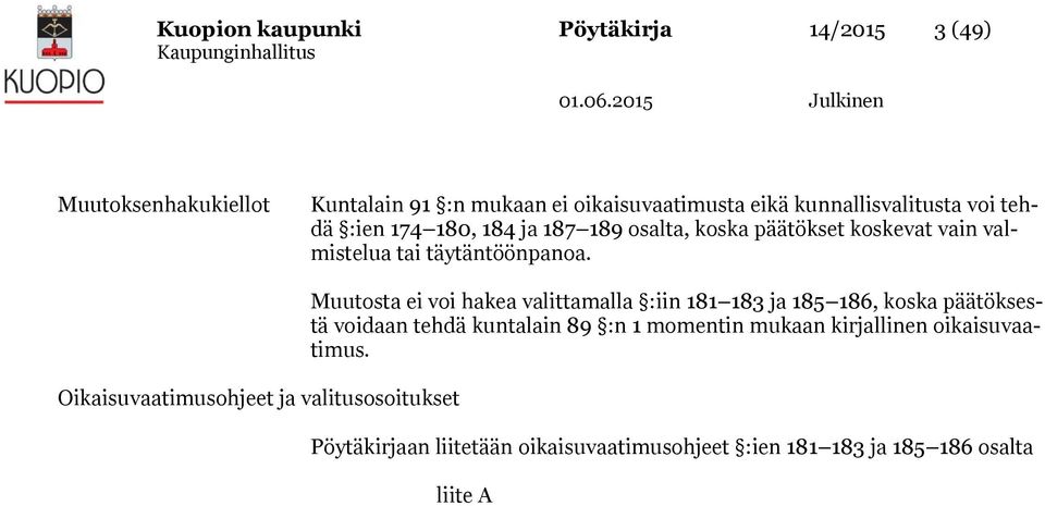 Oikaisuvaatimusohjeet ja valitusosoitukset Muutosta ei voi hakea valittamalla :iin 181 183 ja 185 186, koska päätöksestä voidaan