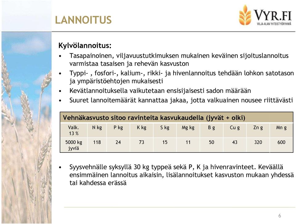 valkuainen nousee riittävästi Vehnäkasvusto sitoo ravinteita kasvukaudella (jyvät + olki) Valk.