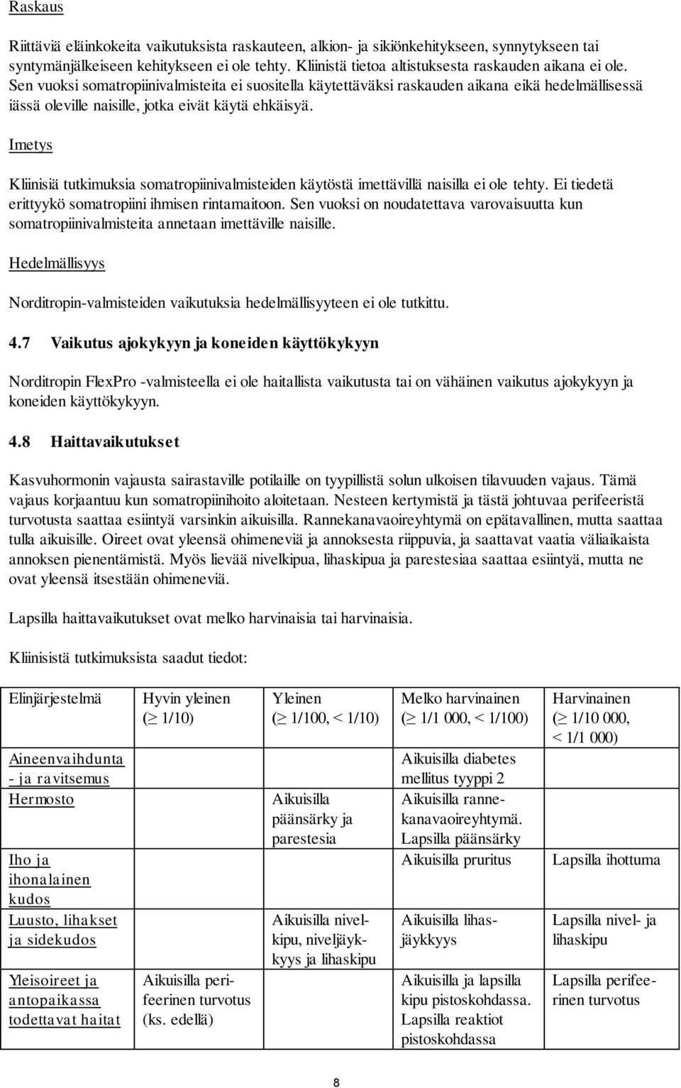 Sen vuoksi somatropiinivalmisteita ei suositella käytettäväksi raskauden aikana eikä hedelmällisessä iässä oleville naisille, jotka eivät käytä ehkäisyä.