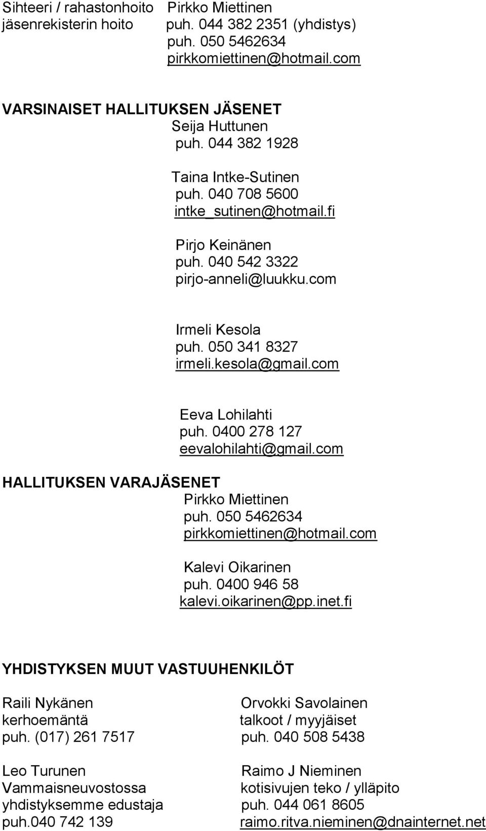 com Eeva Lohilahti puh. 0400 278 127 eevalohilahti@gmail.com HALLITUKSEN VARAJÄSENET Pirkko Miettinen puh. 050 5462634 pirkkomiettinen@hotmail.com Kalevi Oikarinen puh. 0400 946 58 kalevi.