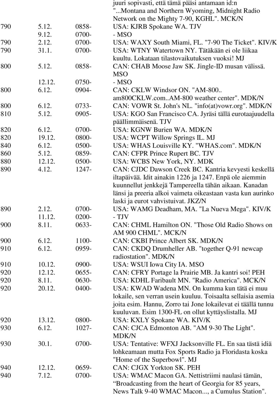 Jingle-ID musan välissä. MSO 12.12. 0750- - MSO 800 6.12. 0904- CAN: CKLW Windsor ON. "AM-800.. am800cklw.com..am-800 weather center". MDK/N 800 6.12. 0733- CAN: VOWR St. John's NL. "info(at)vowr.
