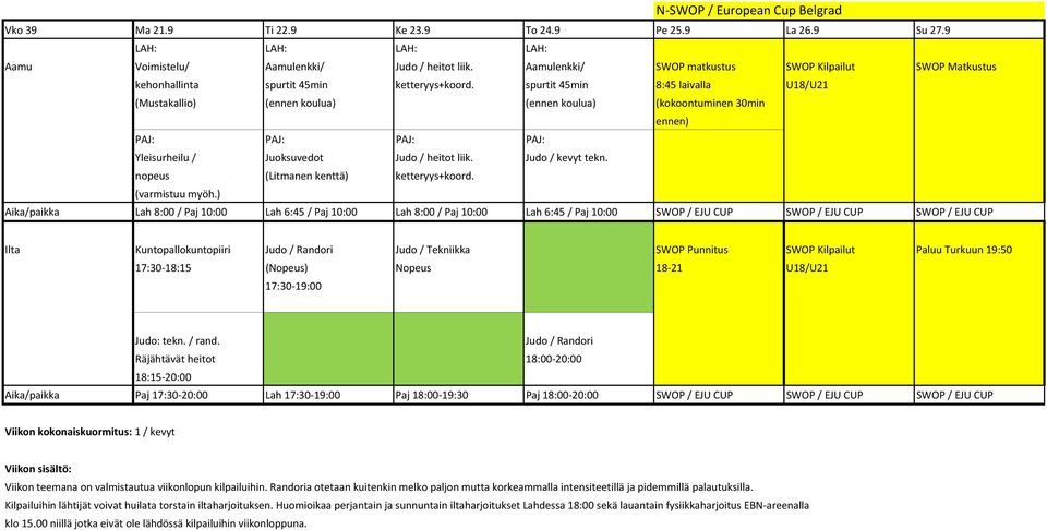 spurtit 45min 8:45 laivalla U18/U21 (Mustakallio) (ennen koulua) (ennen koulua) (kokoontuminen 30min ennen) PAJ: PAJ: PAJ: PAJ: Yleisurheilu / Juoksuvedot Judo / heitot liik. Judo / kevyt tekn.