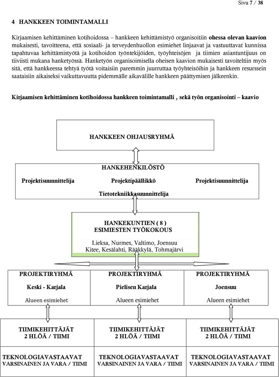 Hanketyön organisoimisella oheisen kaavion mukaisesti tavoiteltiin myös sitä, että hankkeessa tehtyä työtä voitaisiin paremmin juurruttaa työyhteisöihin ja hankkeen resurssein saataisiin aikaiseksi