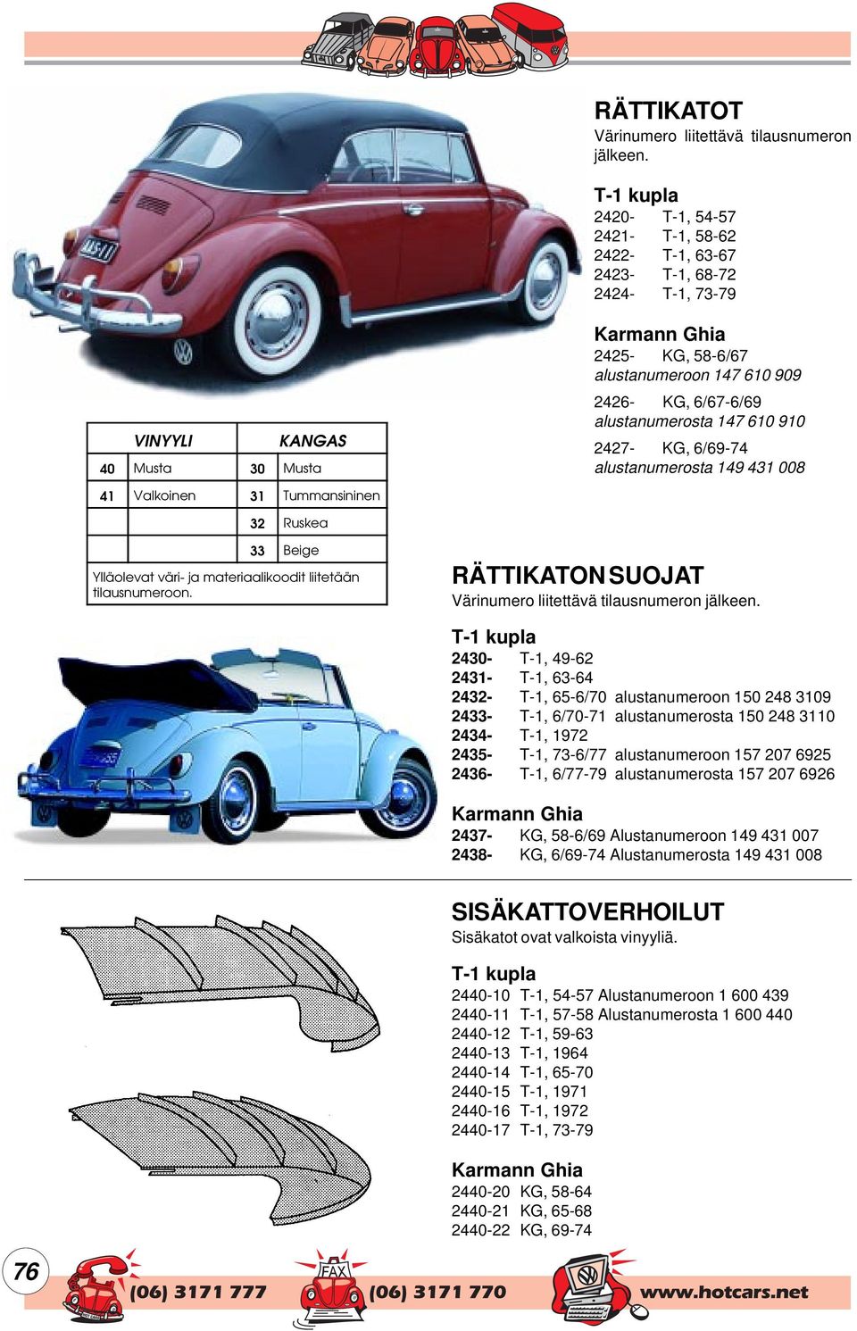 147 610 910 2427- KG, 6/69-74 alustanumerosta 149 431 008 41 Valkoinen 31 Tummansininen 32 Ruskea 33 Beige Ylläolevat väri- ja materiaalikoodit liitetään tilausnumeroon.