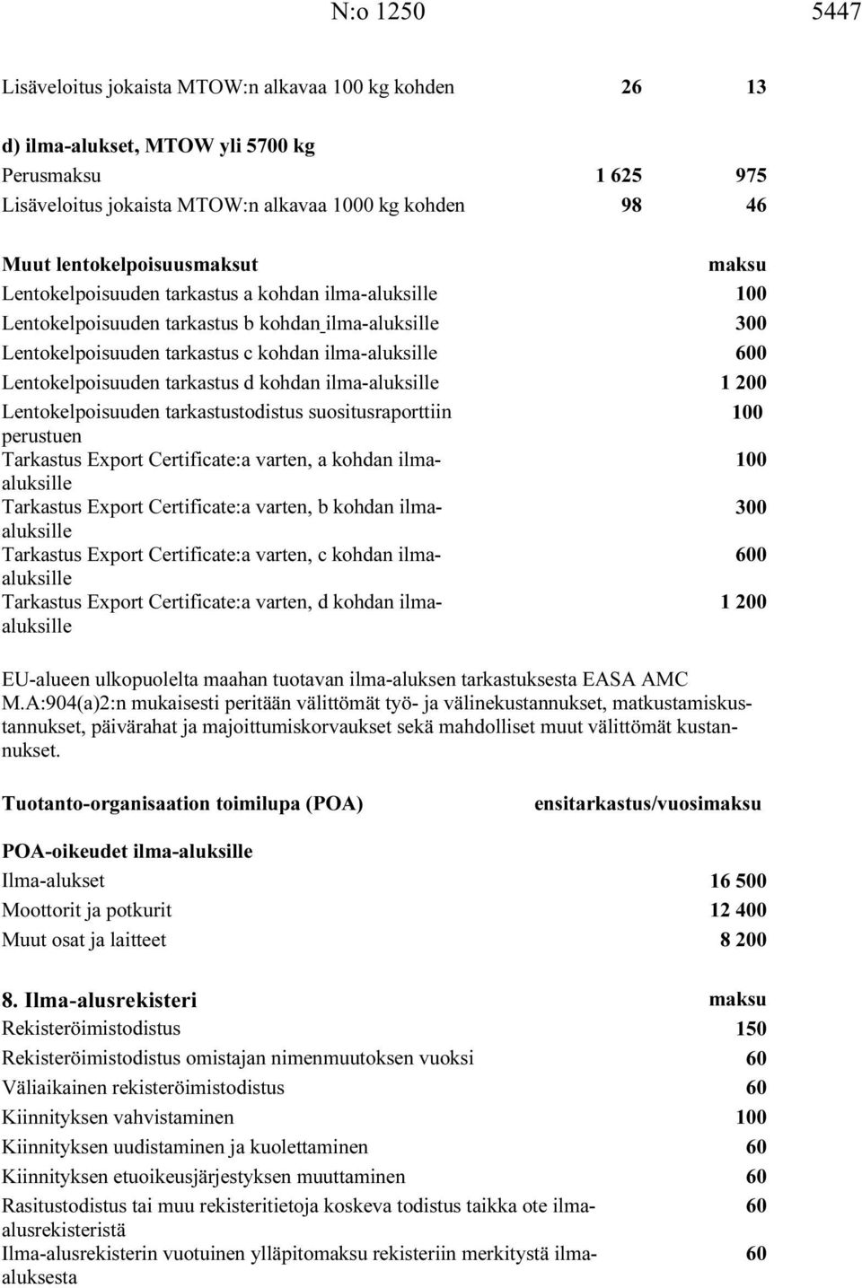 Lentokelpoisuuden tarkastus d kohdan ilma-aluksille 1 200 Lentokelpoisuuden tarkastustodistus suositusraporttiin 100 perustuen Tarkastus Export Certificate:a varten, a kohdan ilmaaluksille 100