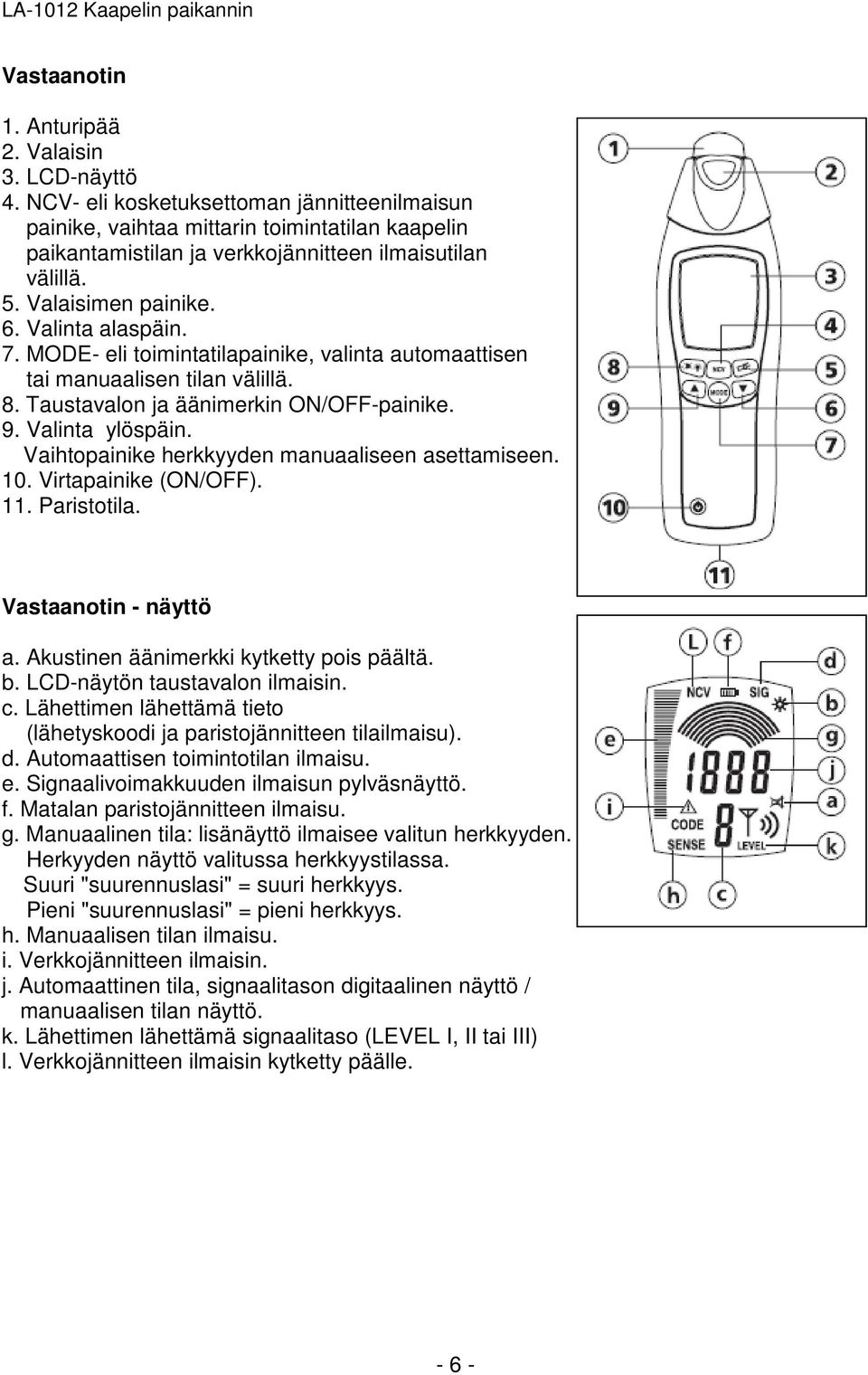 MODE- eli toimintatilapainike, valinta automaattisen tai manuaalisen tilan välillä. 8. Taustavalon ja äänimerkin ON/OFF-painike. 9. Valinta ylöspäin.