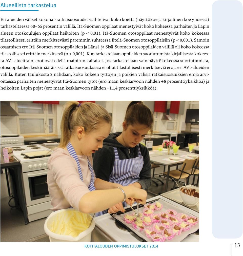Itä-Suomen otosoppilaat menestyivät koko kokeessa tilastollisesti erittäin merkitsevästi paremmin suhteessa Etelä-Suomen otosoppilaisiin (p < 0,001).