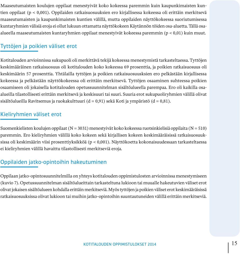 välisiä eroja ei ollut lukuun ottamatta näyttökokeen Käytännön töiden osa-aluetta. Tällä osaalueella maaseutumaisten kuntaryhmien oppilaat menestyivät kokeessa paremmin (p < 0,01) kuin muut.