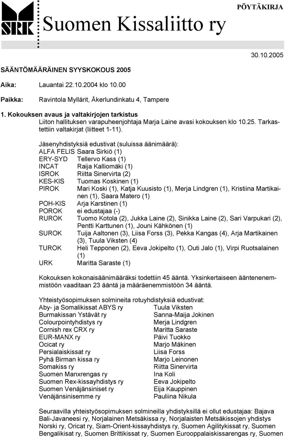 Jäsenyhdistyksiä edustivat (suluissa äänimäärä): ALFA FELIS Saara Sirkiö (1) ERY-SYD Tellervo Kass (1) INCAT Raija Kalliomäki (1) ISROK Riitta Sinervirta (2) KES-KIS Tuomas Koskinen (1) PIROK Mari