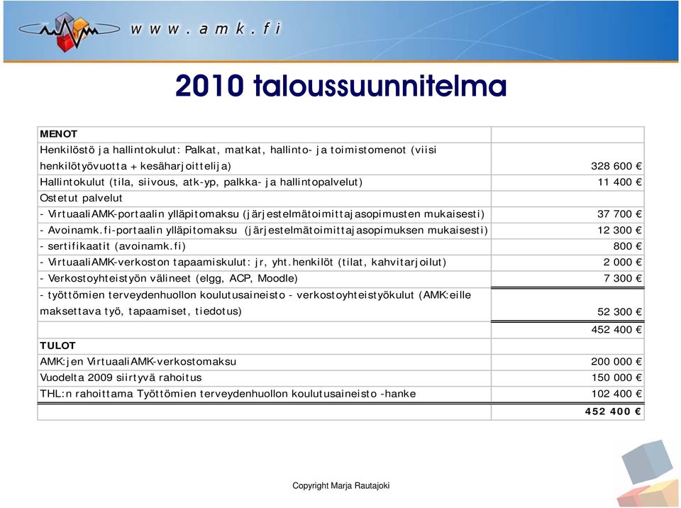 fi-portaalin ylläpitomaksu (järjestelmätoimittajasopimuksen mukaisesti) 12 300 - sertifikaatit (avoinamk.fi) 800 - VirtuaaliAMK-verkoston tapaamiskulut: jr, yht.