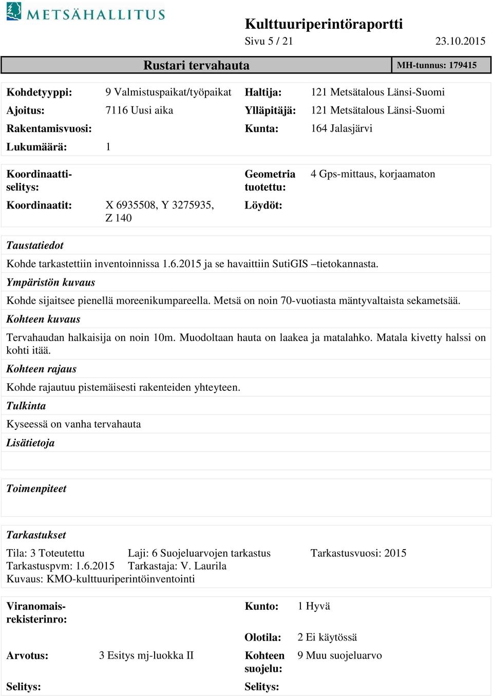 Rakentamisvuosi: Kunta: 164 Jalasjärvi Lukumäärä: 1 Koordinaatit: X 6935508, Y 3275935, Z 140 Geometria tuotettu: Löydöt: 4 Gps-mittaus, korjaamaton Taustatiedot Kohde tarkastettiin inventoinnissa 1.