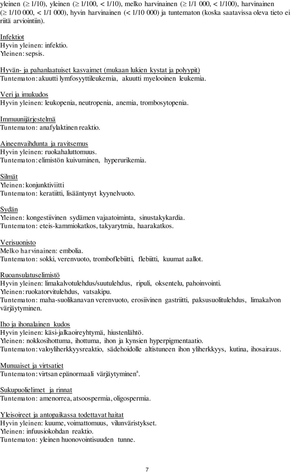 Hyvän- ja pahanlaatuiset kasvaimet (mukaan lukien kystat ja polyypit) Tuntematon: akuutti lymfosyyttileukemia, akuutti myelooinen leukemia.