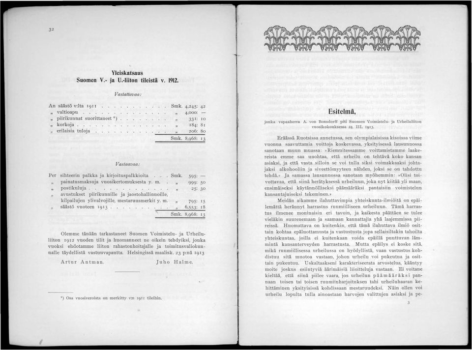 avustukset piirikunnille ja jaostohallinnoille, kilpailujen ylivalvojille, mestaruusmerkit y. m. säästö vuoteen 19 13 Smk.